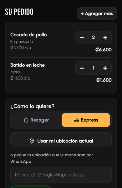 Pedido con envío calculado y pago por SINPE