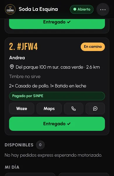 Pantalla del motorizado con la ruta de entregas